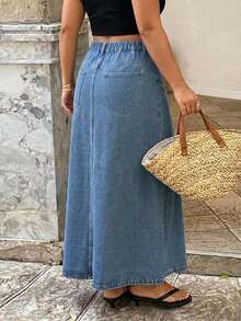 Dazy Plus Plus Size Women's Casual Daily Denim Skirt With Pockets, Button And Slit Design Fall - Medium Wash - View 2
