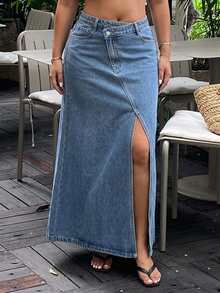 Dazy Plus Plus Size Women's Casual Daily Denim Skirt With Pockets, Button And Slit Design Fall - Medium Wash - View 3