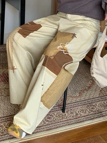 Dazy Plus Pattern Printed Loose Wide Leg Curved Hem Jeans, Casual Vintage Blogger Style New Arrival For Girls Club Beach Blue White Stripe Fall - Apricot - View 5