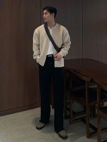 DAZY Spring/Autumn Apricot Round Neck Ribbed Cuff And Hem Korean Style Men's Cardigan - Apricot - View 5