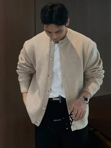 DAZY Spring/Autumn Apricot Round Neck Ribbed Cuff And Hem Korean Style Men's Cardigan - Apricot - View 6