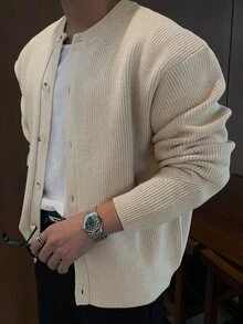 DAZY Spring/Autumn Apricot Round Neck Ribbed Cuff And Hem Korean Style Men's Cardigan - Apricot - View 3