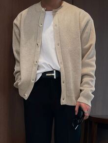 DAZY Spring/Autumn Apricot Round Neck Ribbed Cuff And Hem Korean Style Men's Cardigan - Apricot - View 4
