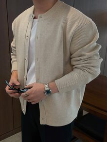 DAZY Spring/Autumn Apricot Round Neck Ribbed Cuff And Hem Korean Style Men's Cardigan - Apricot - View 1