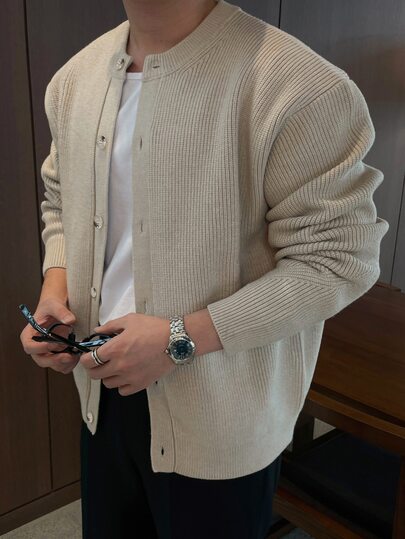 DAZY Spring/Autumn Apricot Round Neck Ribbed Cuff And Hem Korean Style Men's Cardigan