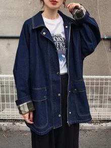 FRIFUL Áo khoác denim nữ tay raglan dài, khóa kéo trước, dáng rộng thoải mái, phong cách thường ngày cho mùa thu - Màu xanh lam - Xem 3