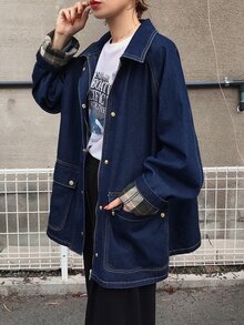 FRIFUL Áo khoác denim nữ tay raglan dài, khóa kéo trước, dáng rộng thoải mái, phong cách thường ngày cho mùa thu - Màu xanh lam - Xem 5