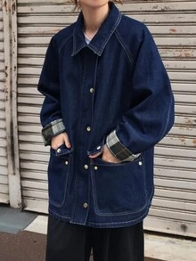 FRIFUL Áo khoác denim nữ tay raglan dài, khóa kéo trước, dáng rộng thoải mái, phong cách thường ngày cho mùa thu - Màu xanh lam - Xem 8