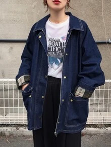 FRIFUL Áo khoác denim nữ tay raglan dài, khóa kéo trước, dáng rộng thoải mái, phong cách thường ngày cho mùa thu - Màu xanh lam - Xem 1