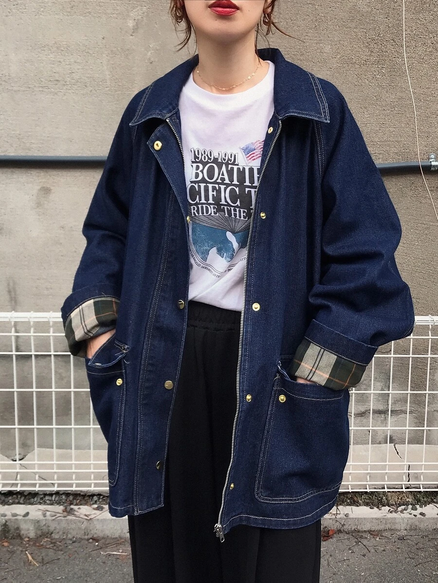 FRIFUL Áo khoác denim nữ tay raglan dài, khóa kéo trước, dáng rộng thoải mái, phong cách thường ngày cho mùa thu - Màu xanh lam - Xem 1