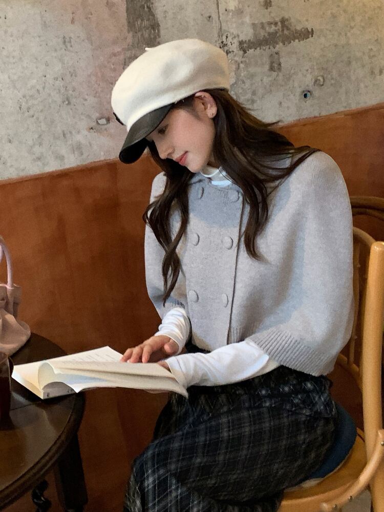 DAZY 女款純色雙排扣休閒百搭日常毛衣 秋季 - 灰色 - 查看 2