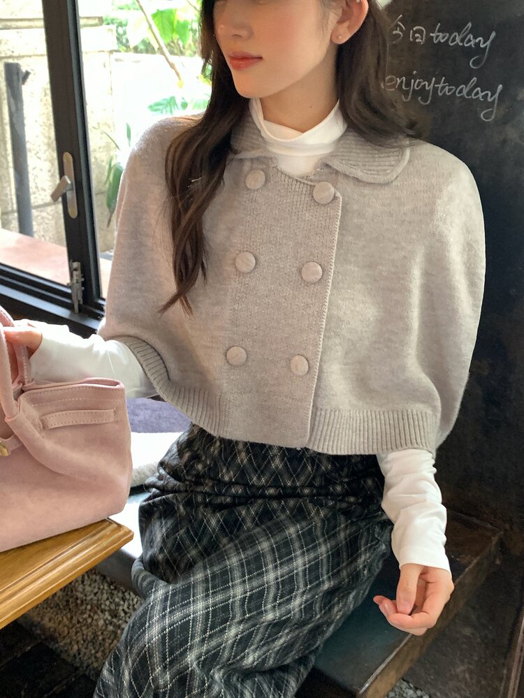 DAZY 女款純色雙排扣休閒百搭日常毛衣 秋季 - 灰色 - 查看 3