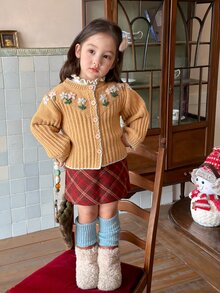Dazy Kids Infant/Toddler (Girl) Autumn/Winter Long Sleeve Colorblock 3D Korean Style Versatile Cardigan - Khaki - View 5