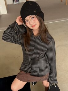 Dazy Kids 青少年女孩條紋休閒長袖襯衫，適合日常穿著，秋季款 - 黑色 - 查看 5