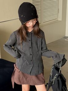 Dazy Kids 青少年女孩條紋休閒長袖襯衫，適合日常穿著，秋季款 - 黑色 - 查看 7