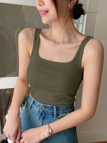 DAZY Women Solid Color Round Neck Fitted Casual Versatile Tank Top - Army Green - View 5