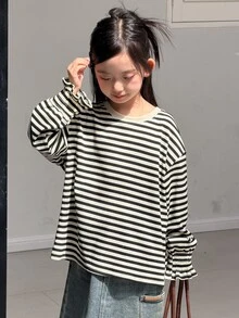 Dazy Kids Tween Girl Striped Casual Daily Long Sleeve T-Shirt Fall - Beige - View 1
