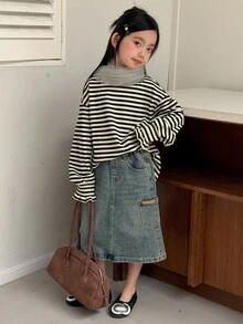Dazy Kids Tween Girl Striped Casual Daily Long Sleeve T-Shirt Fall - Beige - View 3