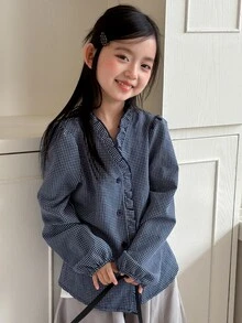 Dazy Kids 青少年女孩格紋荷葉邊裝飾鈕扣襯衫 秋季 - 藍色 - 查看 5