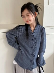 Dazy Kids 青少年女孩格紋荷葉邊裝飾鈕扣襯衫 秋季 - 藍色 - 查看 1