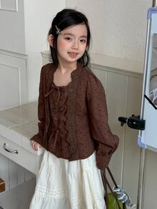 Dazy Kids Tween Girl Vintage Button Embroidery Hollow Bow Decor Blouse - Coffee Brown - View 1