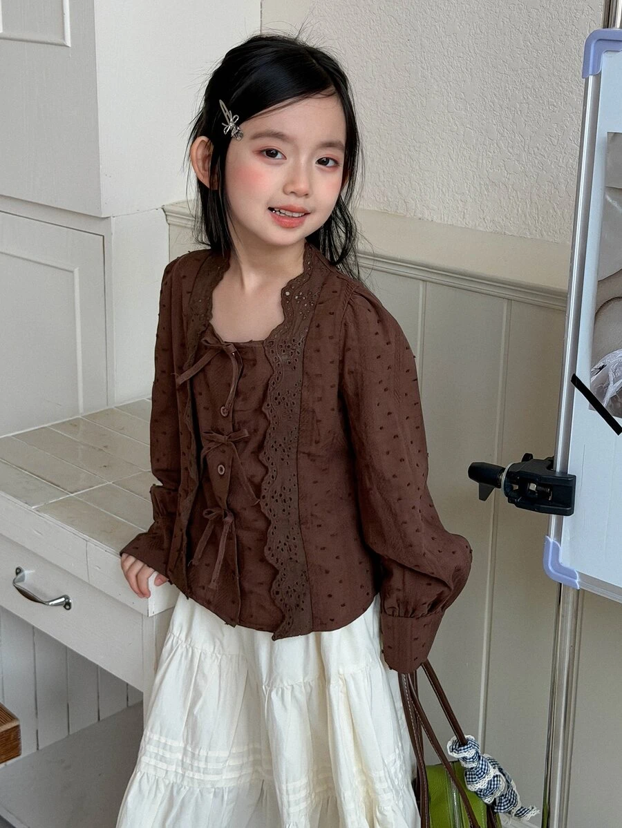 Dazy Kids Tween Girl Vintage Button Embroidery Hollow Bow Decor Blouse - Coffee Brown - View 1