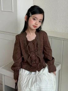 Dazy Kids Tween Girl Vintage Button Embroidery Hollow Bow Decor Blouse - Coffee Brown - View 4