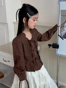 Dazy Kids Tween Girl Vintage Button Embroidery Hollow Bow Decor Blouse - Coffee Brown - View 6