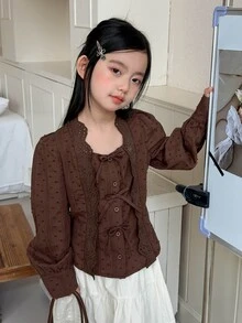 Dazy Kids Tween Girl Vintage Button Embroidery Hollow Bow Decor Blouse - Coffee Brown - View 5