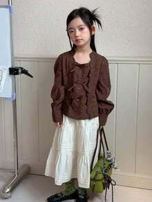 Dazy Kids Tween Girl Vintage Button Embroidery Hollow Bow Decor Blouse - Coffee Brown - View 3