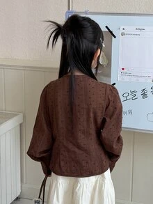 Dazy Kids Tween Girl Vintage Button Embroidery Hollow Bow Decor Blouse - Coffee Brown - View 2
