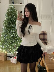 DAZY Áo len nữ trễ vai phong cách Hàn Quốc tay dài thắt nơ cho mùa thu - trắng - Xem 10
