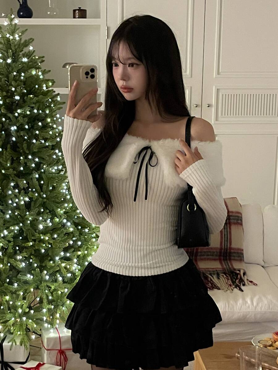 DAZY Áo len nữ trễ vai phong cách Hàn Quốc tay dài thắt nơ cho mùa thu - trắng - Xem 1