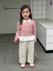 Dazy Kids Infant/Toddler (Girl) Collared Striped Long Sleeve Spring/Autumn Mesh-Texture Korean Style Casual Top - Baby Pink - View 4