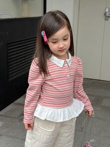 Dazy Kids Infant/Toddler (Girl) Collared Striped Long Sleeve Spring/Autumn Mesh-Texture Korean Style Casual Top - Baby Pink - View 1