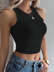 DAZY 女式修身无袖圆领休闲短款纯色背心，夏季 - 黑色 - 查看 3