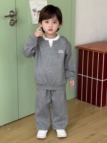 Dazy Kids Infant Boys' Crew Neck Colorblock 2 In 1 Sweatshirt And Long Pants 2 Pieces Set - Grey - View 4