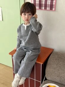 Dazy Kids Infant Boys' Crew Neck Colorblock 2 In 1 Sweatshirt And Long Pants 2 Pieces Set - Grey - View 6