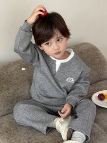 Dazy Kids Infant Boys' Crew Neck Colorblock 2 In 1 Sweatshirt And Long Pants 2 Pieces Set - Grey - View 1