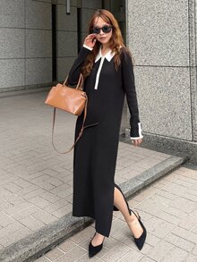 FRIFUL Women's Contrast Color Button Half-Placket Long Sleeve Knit Dress Fall - Black - View 7