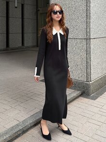 FRIFUL Women's Contrast Color Button Half-Placket Long Sleeve Knit Dress Fall - Black - View 8