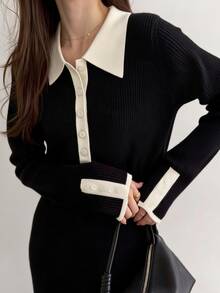 FRIFUL Women's Contrast Color Button Half-Placket Long Sleeve Knit Dress Fall - Black - View 1