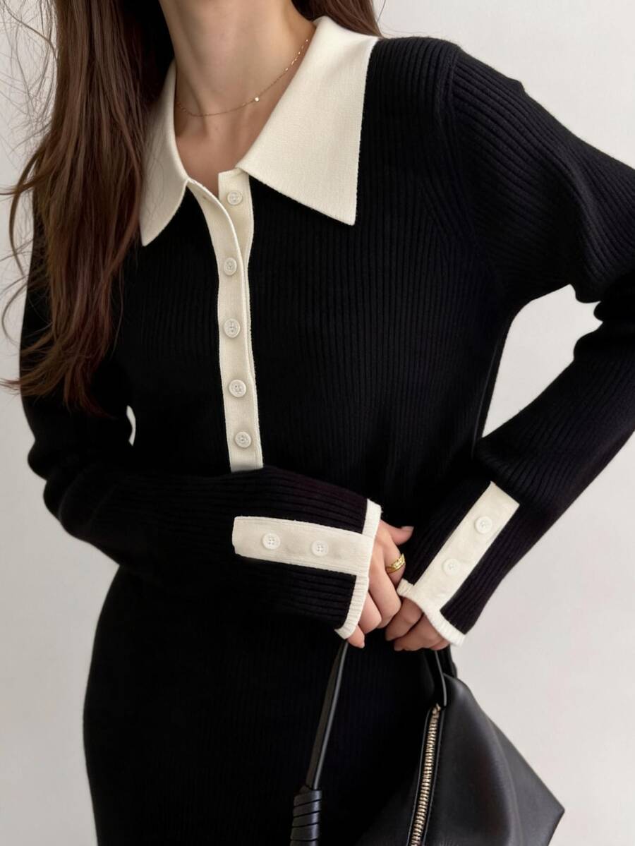 FRIFUL Women's Contrast Color Button Half-Placket Long Sleeve Knit Dress Fall - Black - View 1