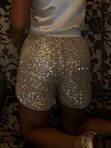 Livesso Women's Gold Elastic Waist Drawstring Solid Color Loose Casual Sexy Sports Versatile Shorts New Year Christmas Clubbing Night Summer - Apricot - View 2
