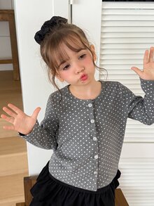 Hapijoa Young Girl Polka Dot Casual Daily Long Sleeve T-Shirt - Grey - View 4