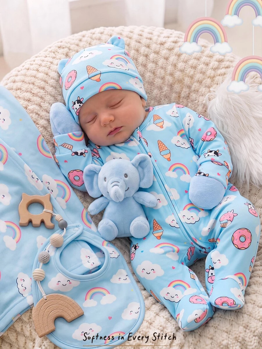 Cozy Pixies 新生兒攝影套裝 女嬰 牛與彩虹圖案 柔軟針織圓領長袖連身褲 家居服 藍色 秋季 - 藍色 - 查看 1
