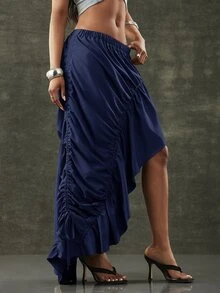 Denimoi Falda con Dobladillo Asimétrico y Cordón Ajustable Estilo Callejero de Moda - Azul - Ver 10