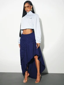 Denimoi Falda con Dobladillo Asimétrico y Cordón Ajustable Estilo Callejero de Moda - Azul - Ver 3