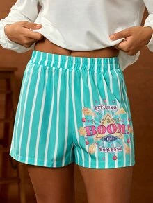 HARRY POTTER X SHEIN Women's Letter Striped Elastic Waist Shorts - Green - View 3