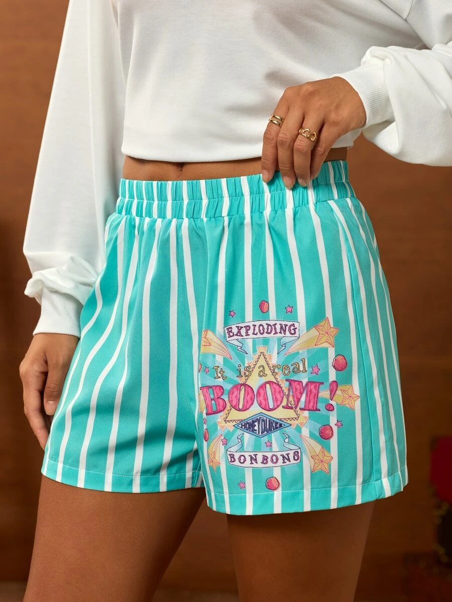 HARRY POTTER X SHEIN Women's Letter Striped Elastic Waist Shorts - Green - View 1
